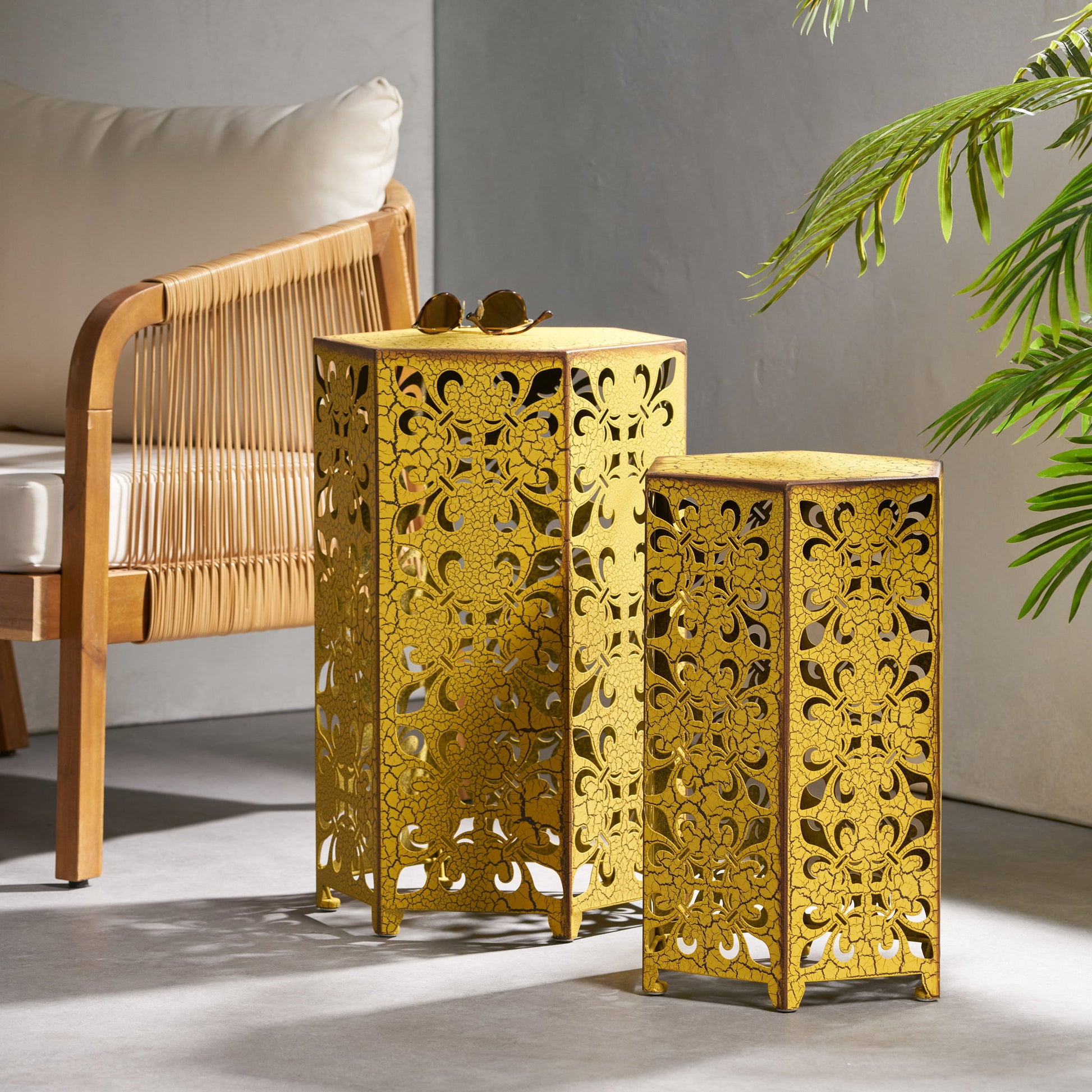 Outdoor Hexagonal Accent Table Set With Charming Fleur De Lis Panel Sides - Antique Yellow Noble House