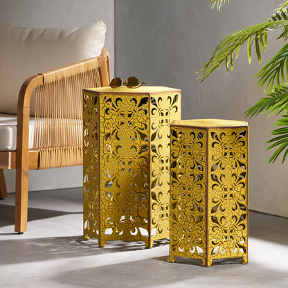 Outdoor Hexagonal Accent Table Set With Charming Fleur De Lis Panel Sides - Antique Yellow Noble House