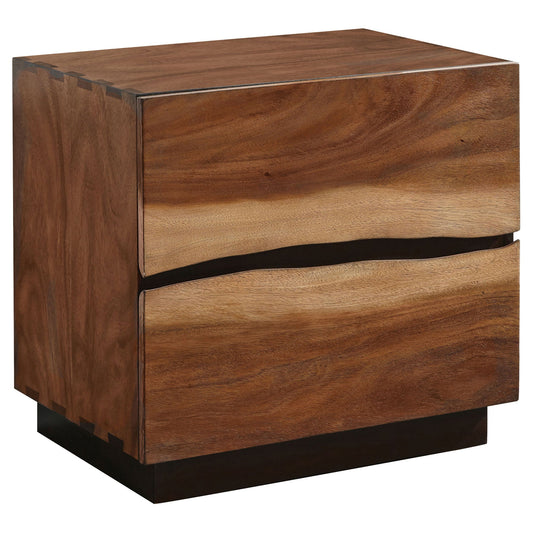Wooden 2 Drawer Nightstand With Smokey And Asymmetrical Design - Walnut Home Essentials