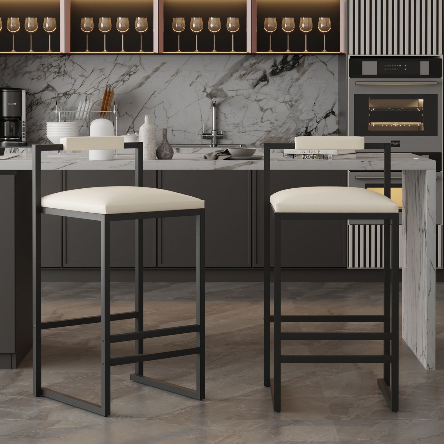 Elegant Bar Stool Set With Backrest And Footrest, Counter Height (Set of 2) Home Essentials