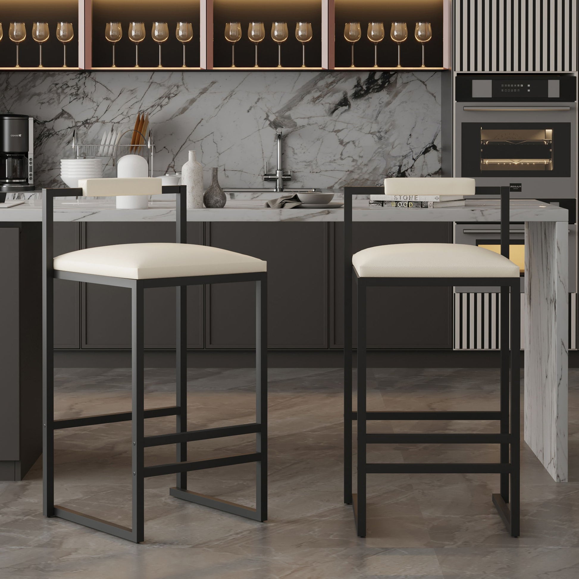 Elegant Bar Stool Set With Backrest And Footrest, Counter Height (Set of 2) Home Essentials