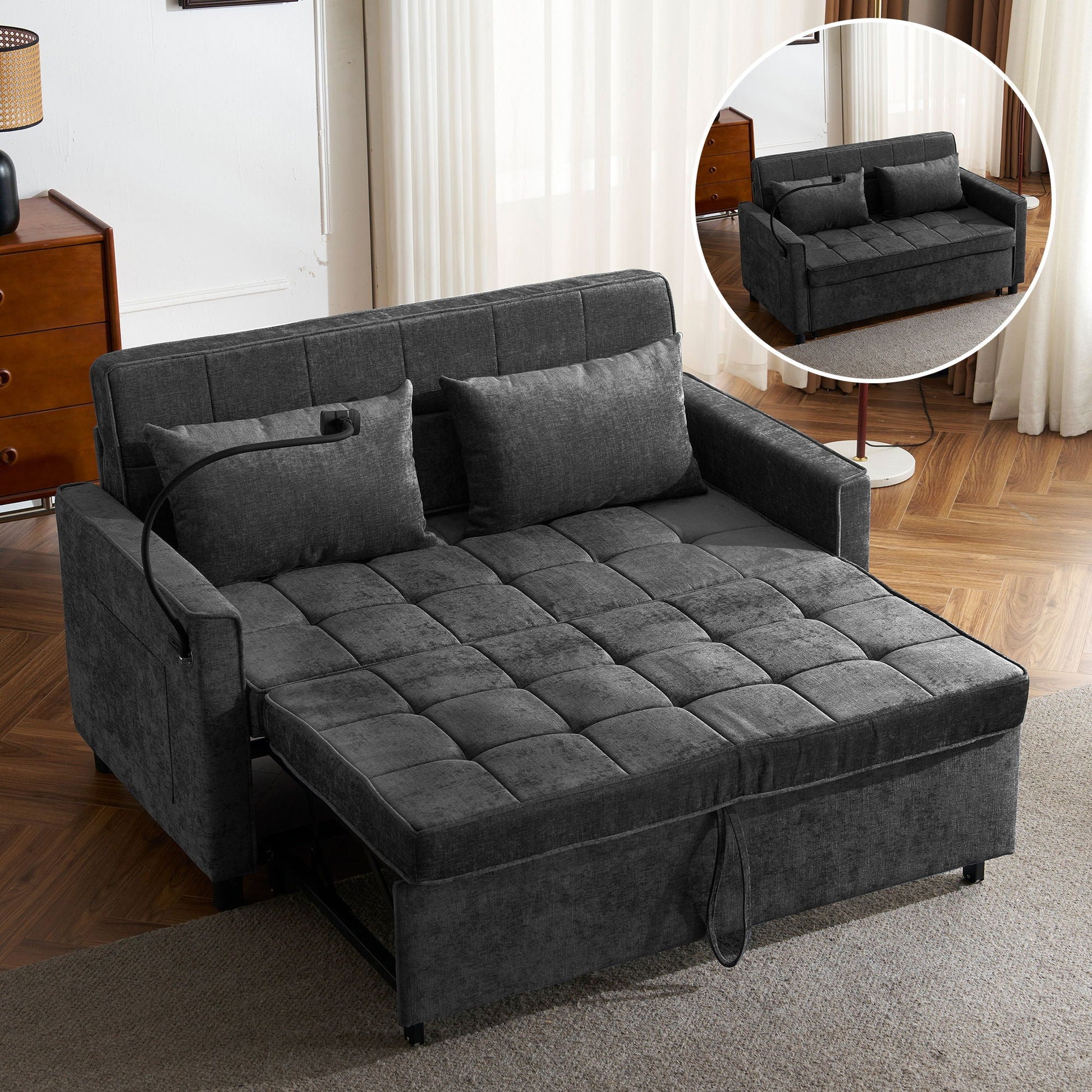Loveseat Sofa Bed Sleeper With Reversible Backrest, Side Pockets, USB Ports, Phone Holder Hearth and Haven
