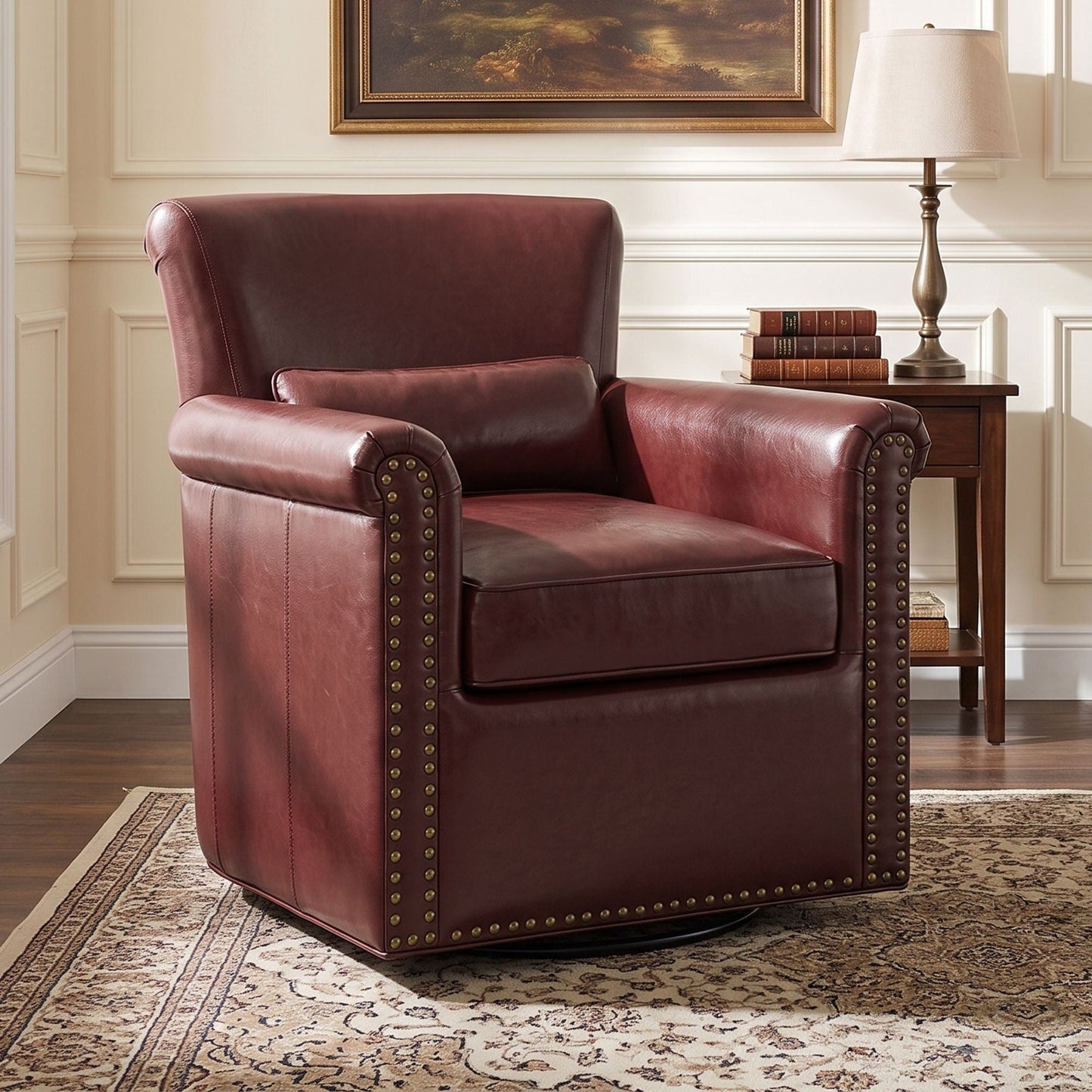 Swivel Accent Chair With Rolled Arm, Sewn Pillow Back, Nailhead Trim For Living Room Noble House