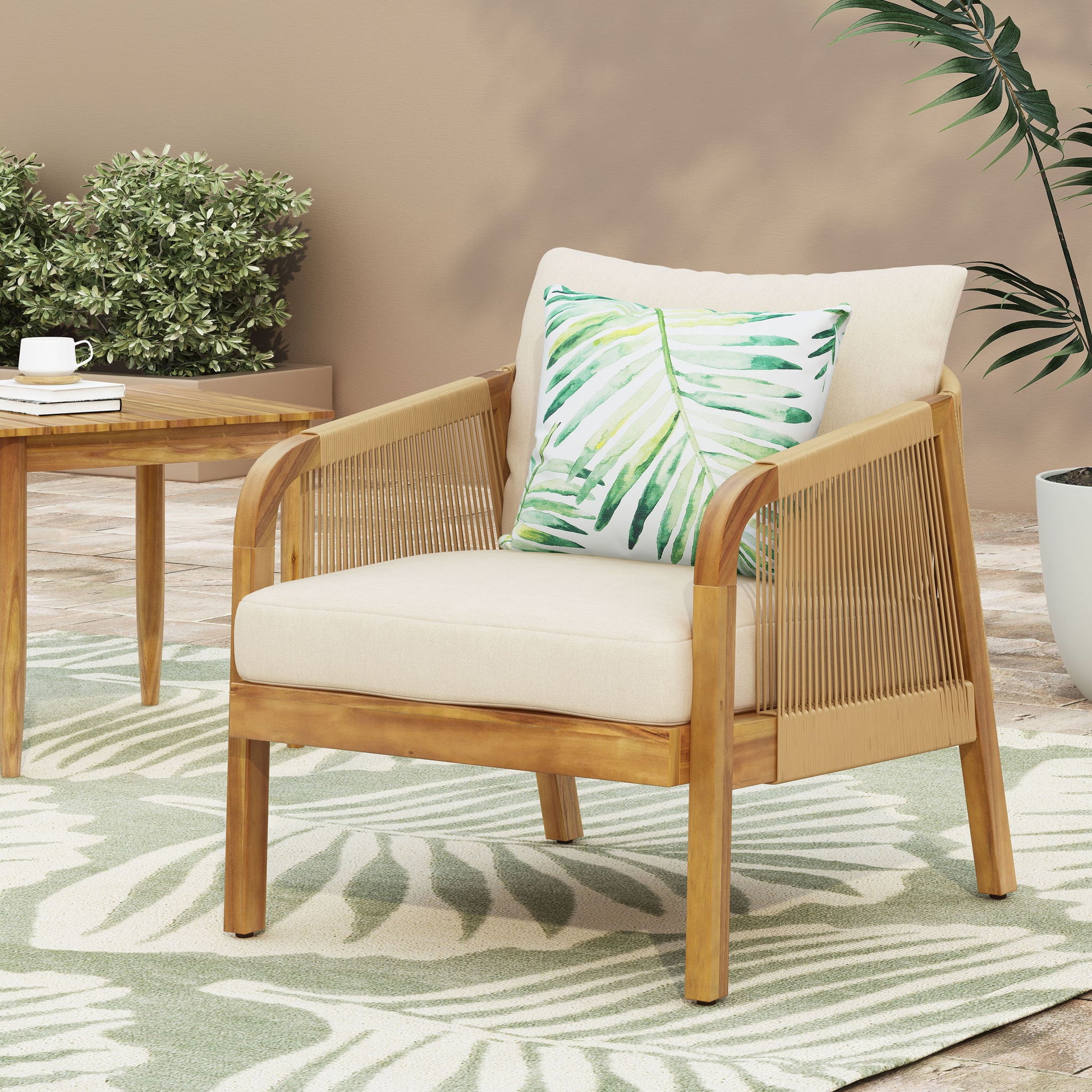 Acacia Wood And Wicker Outdoor Club Chair, Deep Seating With Soft Cushion, Porch Chairs For Garden, Backyard Porch Balcony - Brown / Beige Noble House