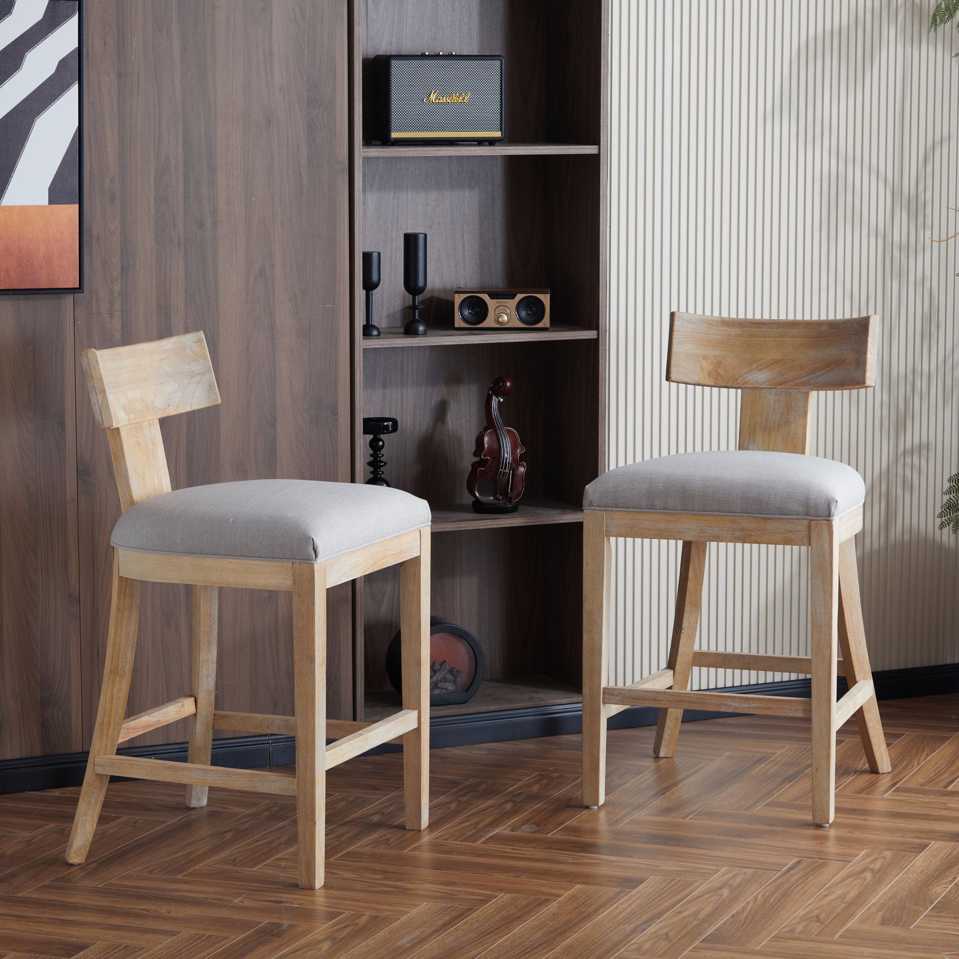 Upholstered Counter Height Bar Stools With Solid Rubber Wood Frame (Set of 2) Noble House