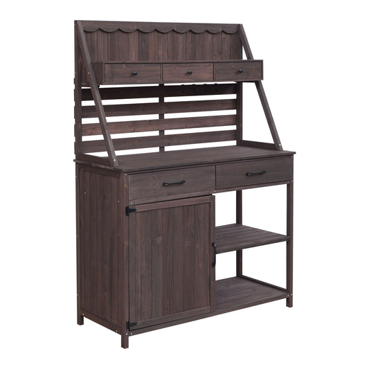Potting Bench With 5 Drawer Storage And Slatted Back Panel, Garden Workstation - Brown Noble House