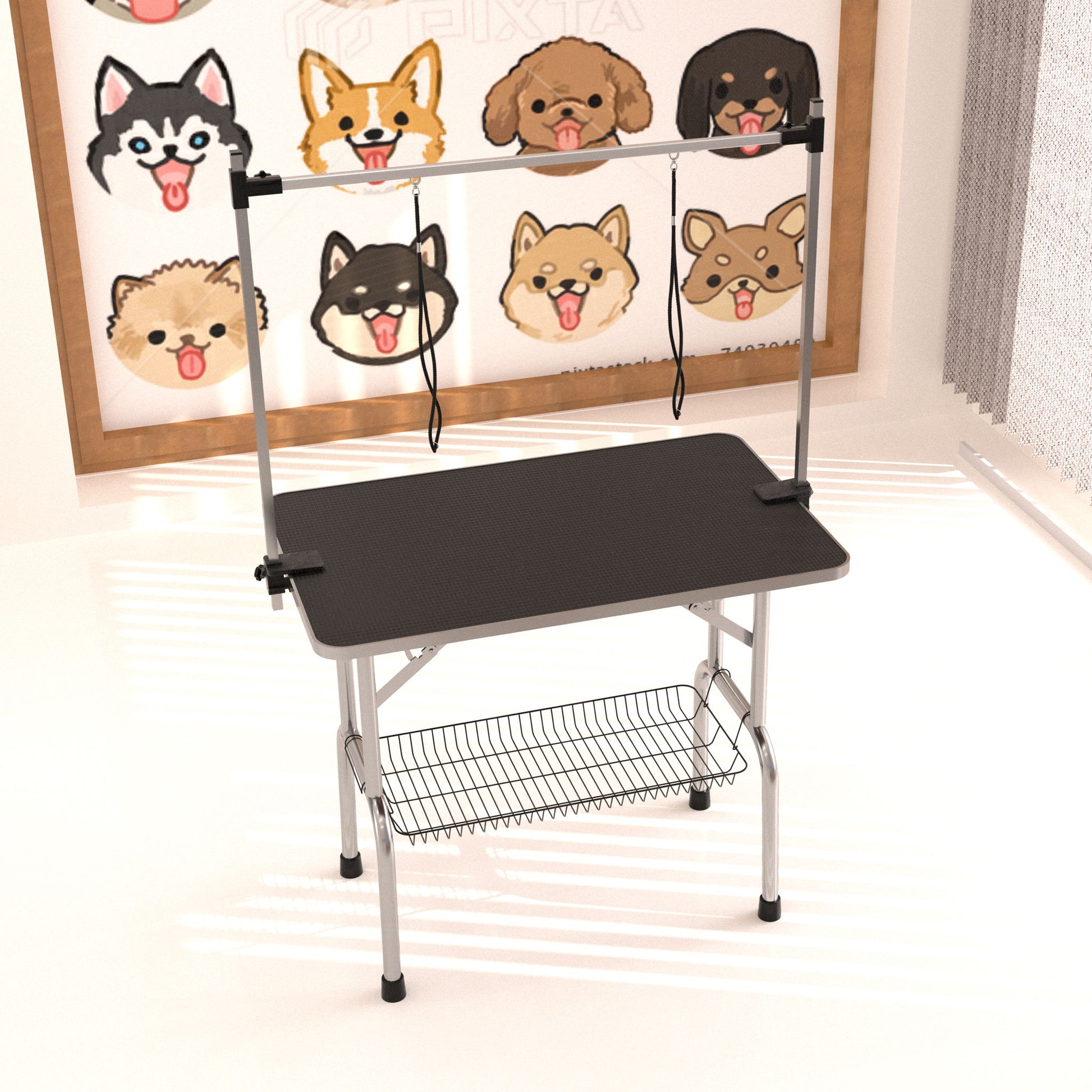 Professional Dog Pet Grooming Table Adjustable Heavy Duty Portable With Arm & Noose & Mesh Tray - Black Daily Nest