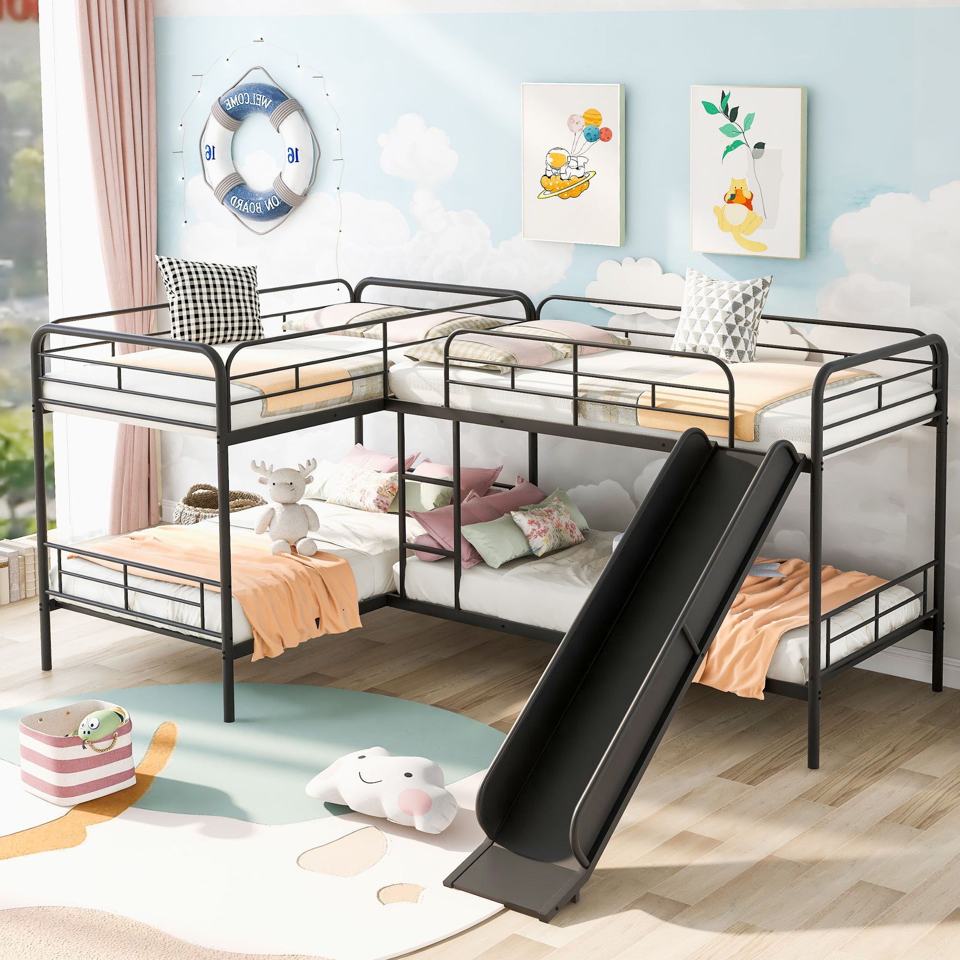 Mission Style Twin Size L-Shaped Bunk Bed With Slide And Ladder - Black Hearth and Haven
