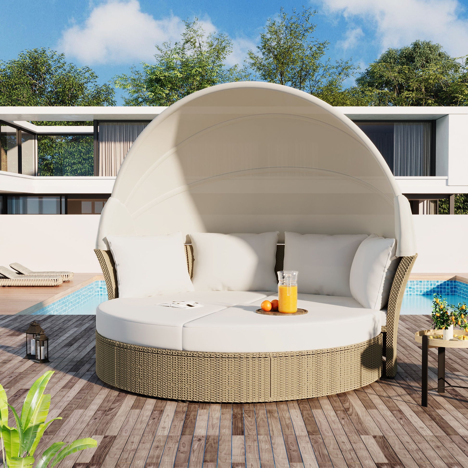 Outdoor Patio Daybed Wicker Rattan Double Daybed Round Sofa Furniture Set With Retractable Canopy, 4 Pillows For Lawn Garden Hearth and Haven