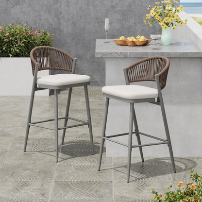 Outdoor Bar Height Metal Frame Counter Stools With Scallop Shaped Backrest & Water Resistant Cushions Noble House