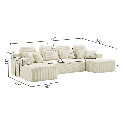 Sectional Sleeper Sofa & Storage Pockets, Modular Couch With Throw Pillows For Living Room Home Essentials