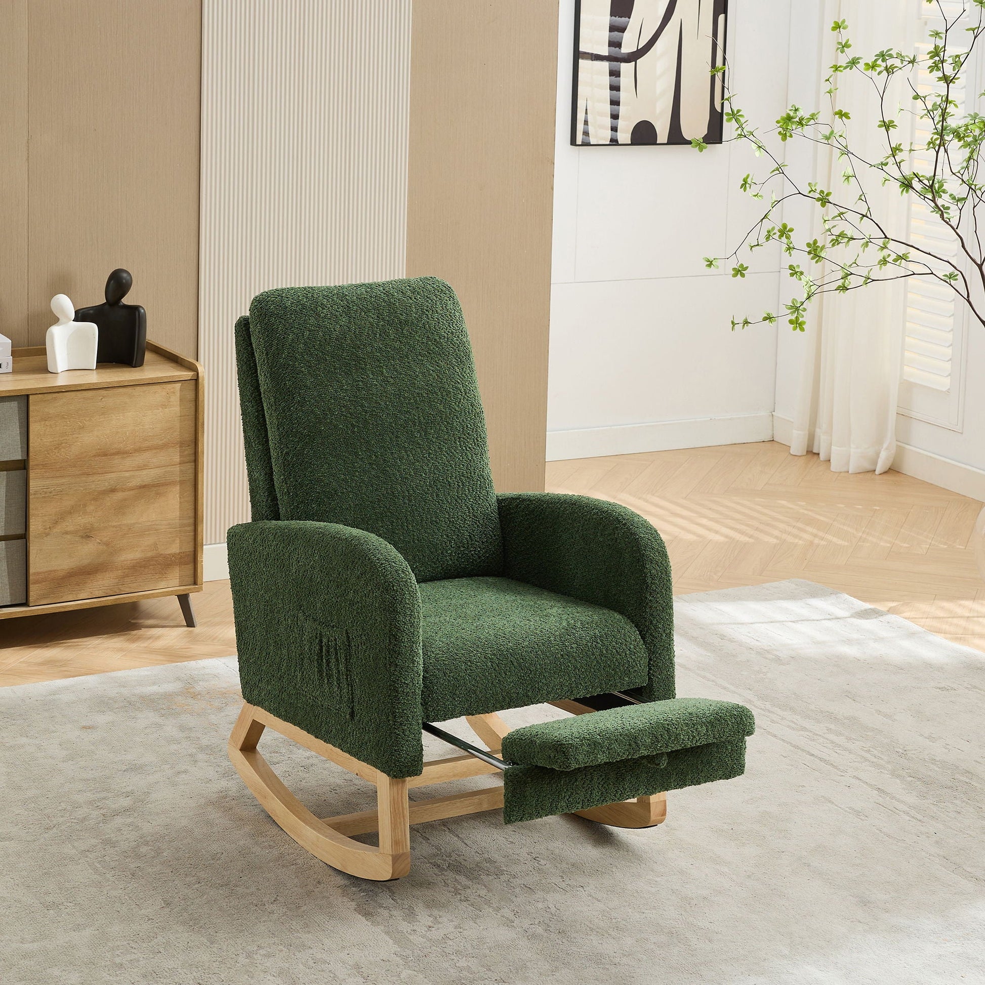 High Back Glider Rocking Chair With Retractable Footrest And Rubber Wood Legs Home Essentials
