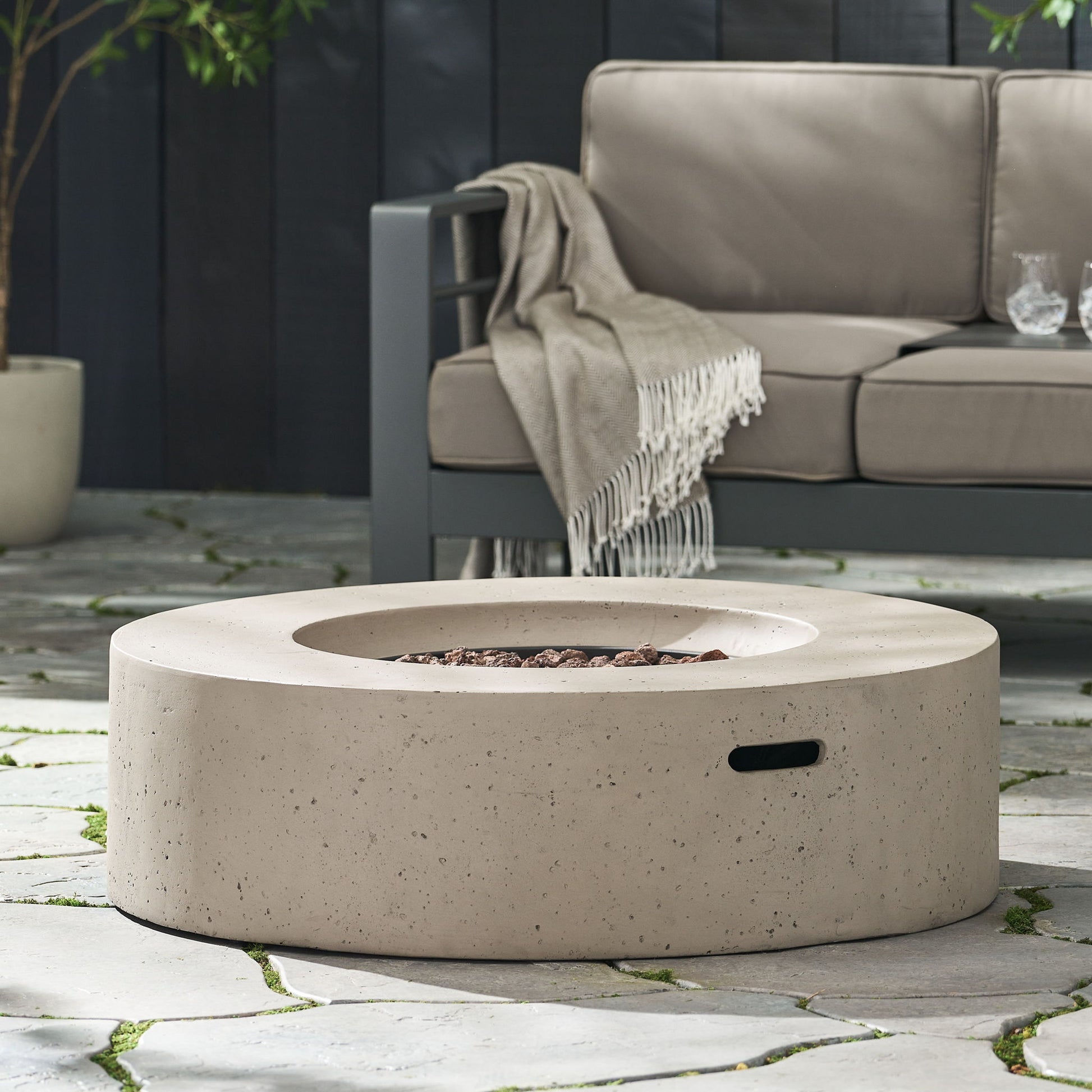 Modern Lightweight Concrete Outdoor Circular Fire Pit 50,000 Btu Noble House