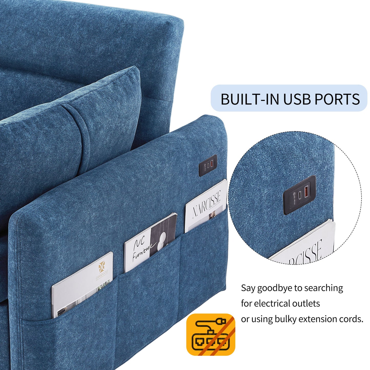 Pull Out Sleep Sofa Bed Loveseats Sofa Couch With Adjsutable Backrest, Storage Pockets, 2 Soft Pillows, USB Ports For Living Room, Bedroom, Apartment, Office Hearth and Haven