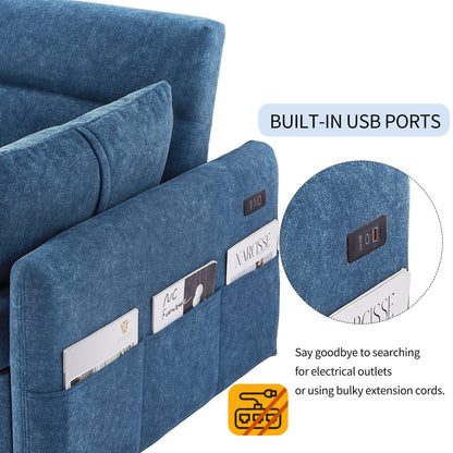 Pull Out Sleep Sofa Bed Loveseats Sofa Couch With Adjsutable Backrest, Storage Pockets, 2 Soft Pillows, USB Ports For Living Room, Bedroom, Apartment, Office Hearth and Haven