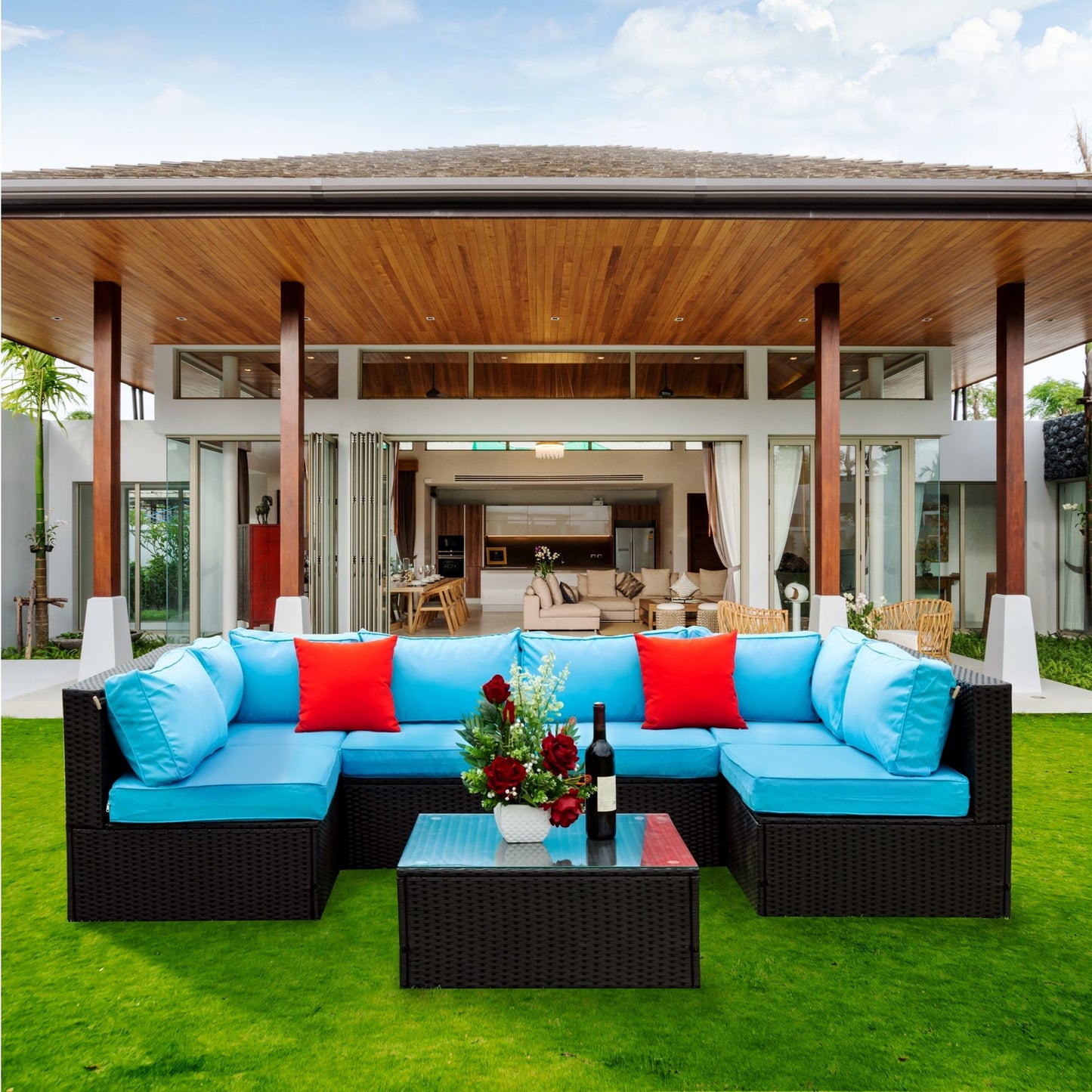 5 Pieces Rattan Sectional Outdoor Furniture Cushioned U Sof Set With 2 Pillow - Black / Blue Home Essentials