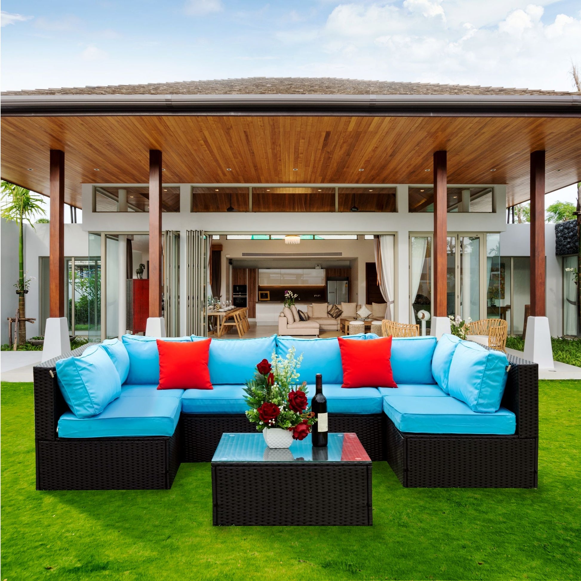 5 Pieces Rattan Sectional Outdoor Furniture Cushioned U Sof Set With 2 Pillow - Black / Blue Home Essentials