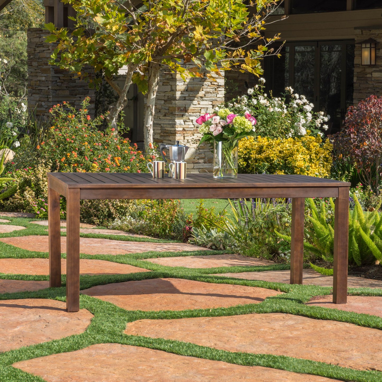 Acacia Wood Outdoor Dining Table With Slatted Top - Dark Brown Noble House