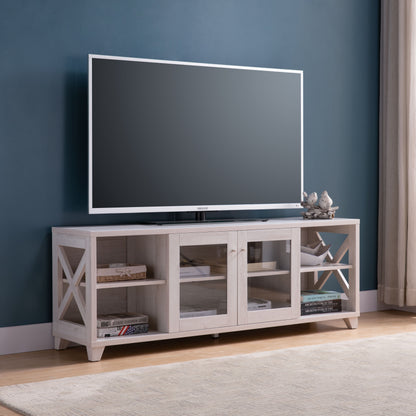 TV Stand With Four Side Shelves And Center Transparent Cabinet Craftsman Style Entertainment Center - White Oak