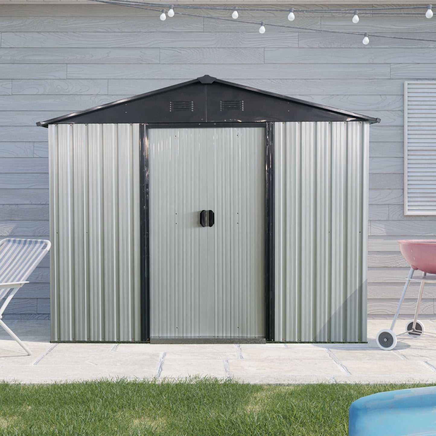 Outdoor Metal Storage Shed With Sliding Door And Foundation For Backyard, Patio, Lawn Daily Nest