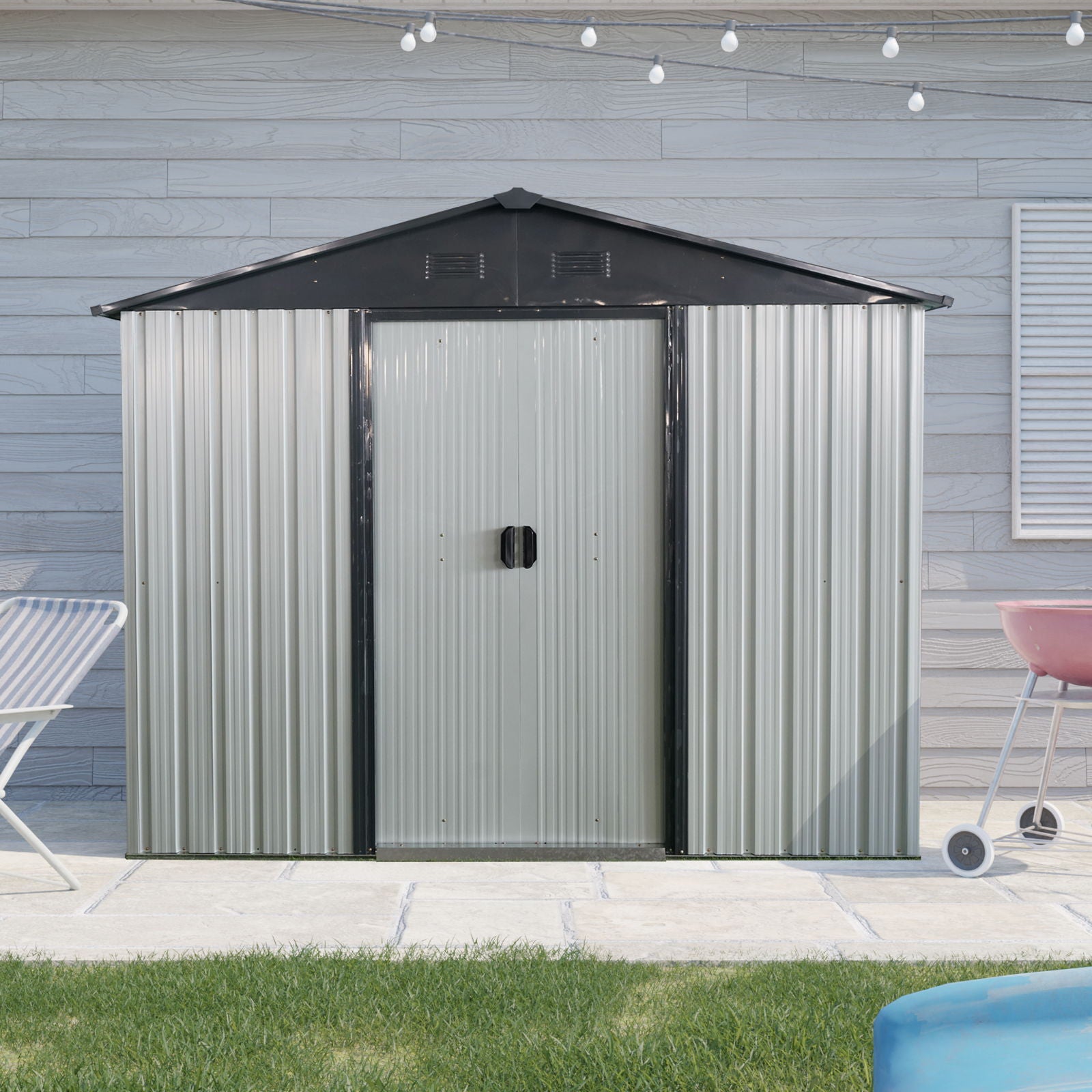 Outdoor Metal Storage Shed With Sliding Door And Foundation For Backyard, Patio, Lawn Daily Nest