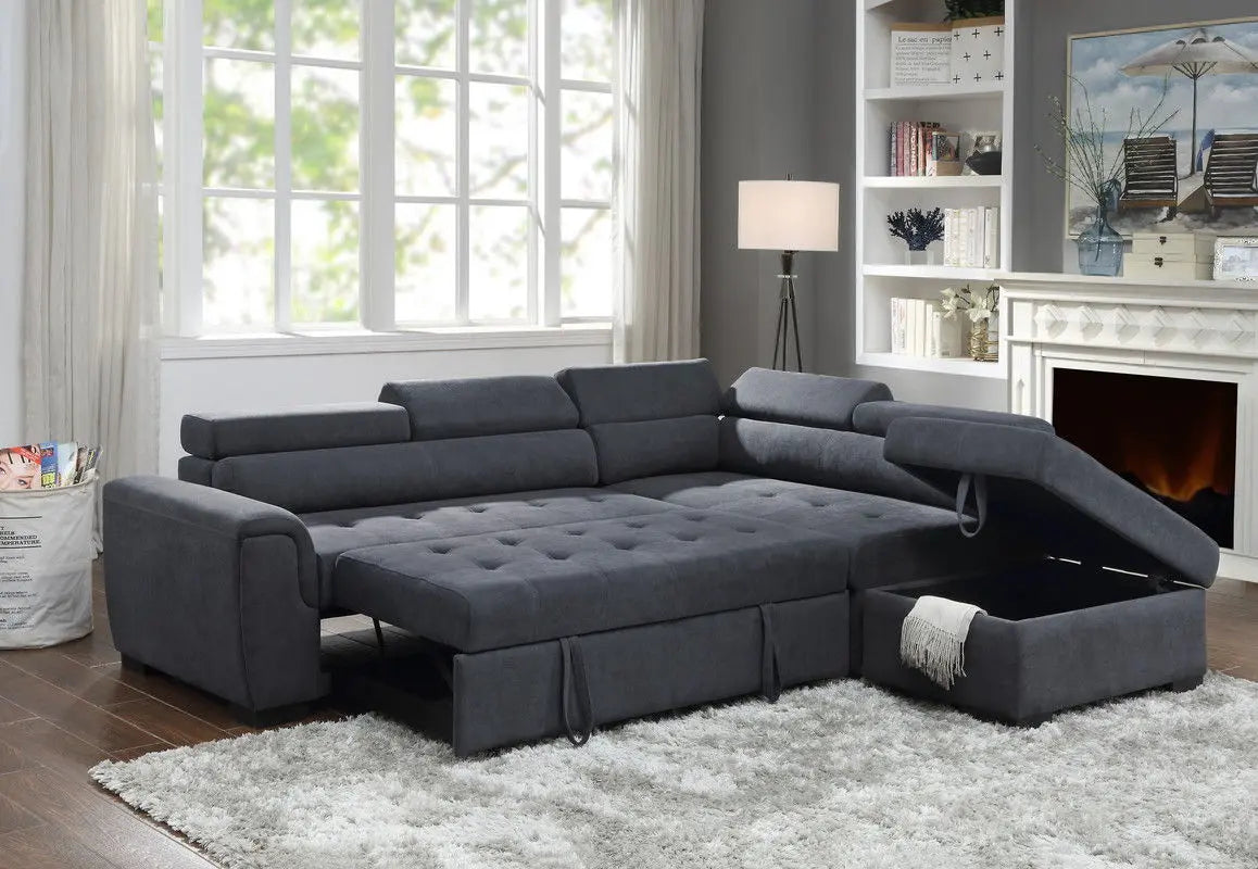 Haris - Sleeper Sofa Sectional With Adjustable Headrest And Storage Ottoman - Dark Gray Lilola Home