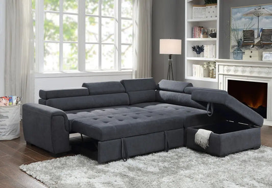 Haris - Sleeper Sofa Sectional With Adjustable Headrest And Storage Ottoman - Dark Gray Lilola Home