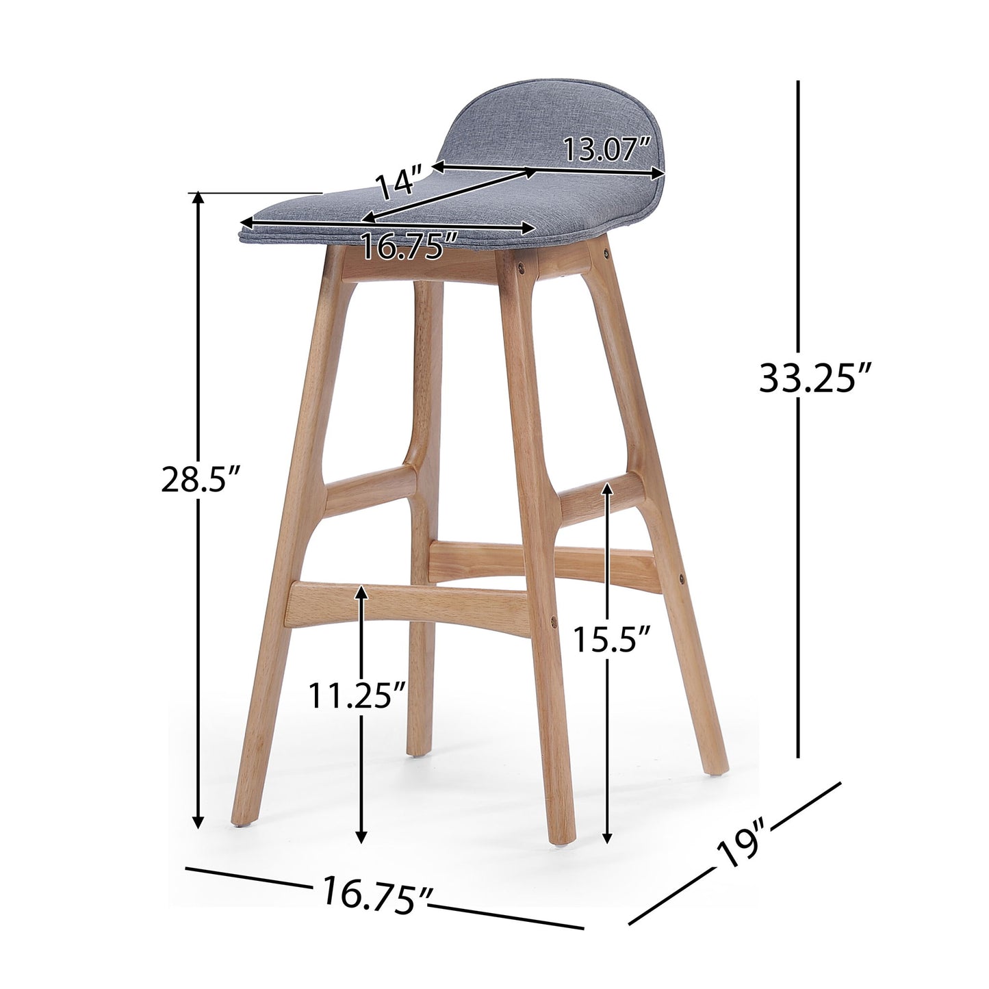Mid Century Modern Upholstered Low Back Barstools (Set of 2) - Gray / Natural Oak Noble House