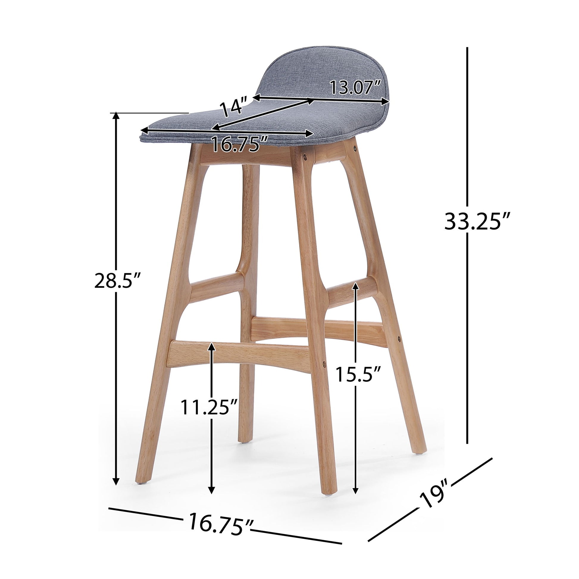 Mid Century Modern Upholstered Low Back Barstools (Set of 2) - Gray / Natural Oak Noble House