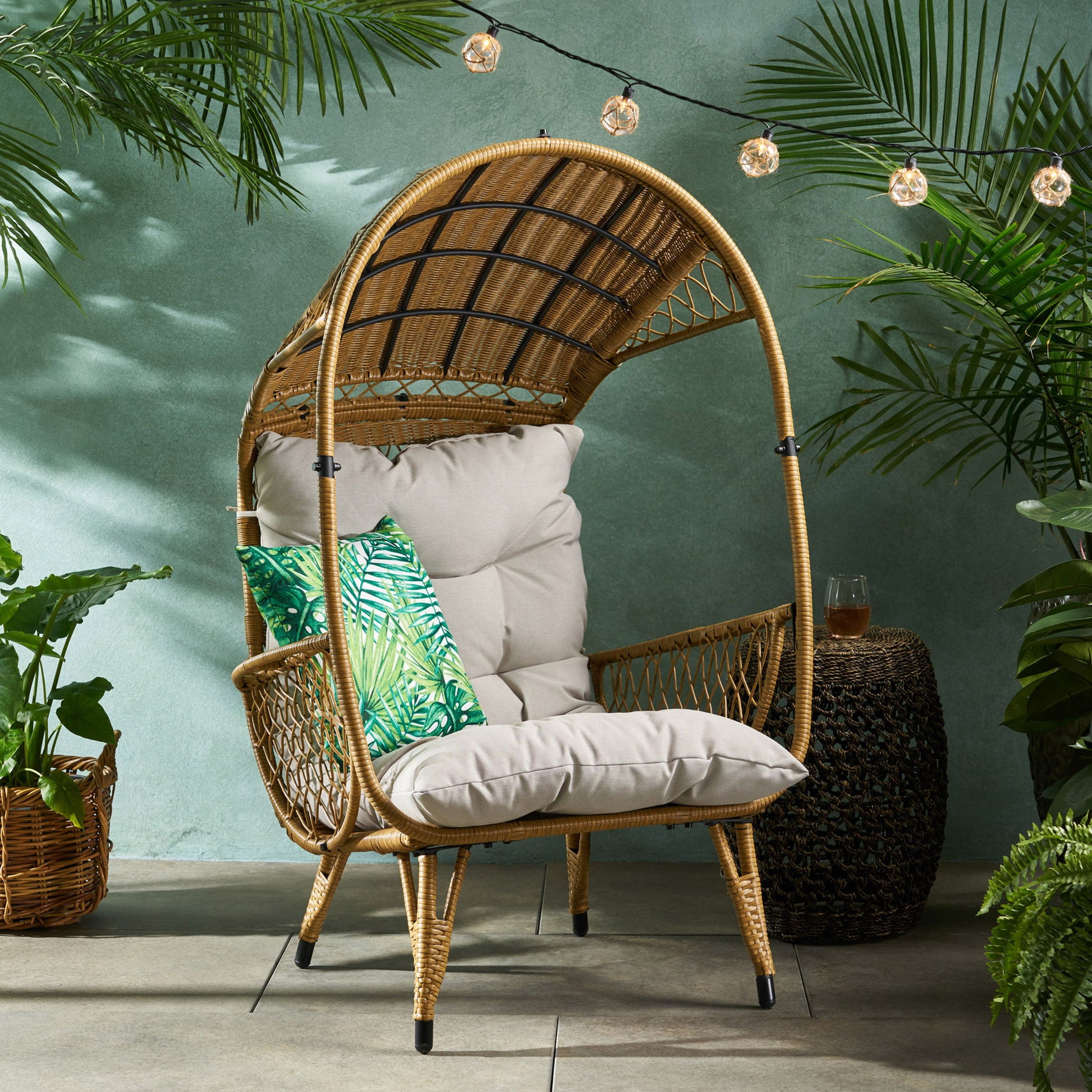 Outdoor Wicker Standing Basket Chair With Cushion Noble House
