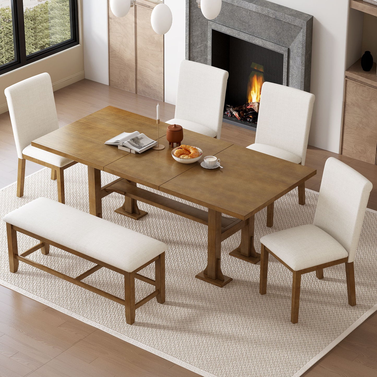Topmax - 6 Piece Farmhouse Extendable Dining Table Set Trestle Kitchen Table Set With Removable Leaf And Upholstered Dining Chair And Bench For Dining Room Hearth and Haven