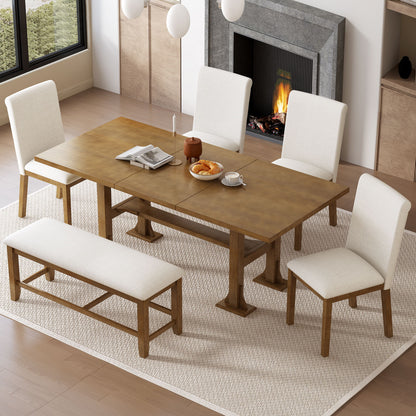 Topmax - 6 Piece Farmhouse Extendable Dining Table Set Trestle Kitchen Table Set With Removable Leaf And Upholstered Dining Chair And Bench For Dining Room Hearth and Haven