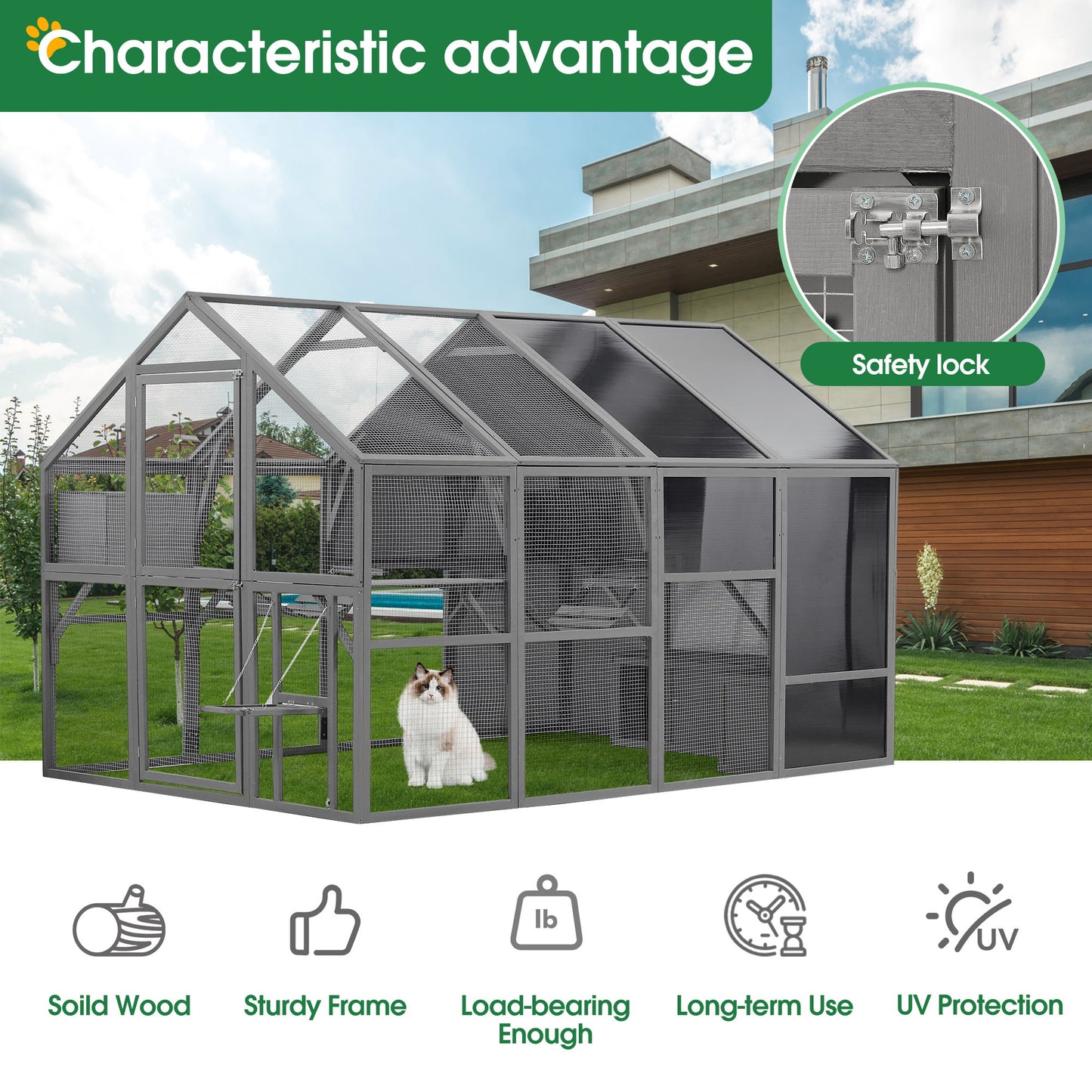 Luxury Cat Cage Outdoor Wooden Catio Enclosure Patio Large Cat Run House For Multiple Pets Walk In Kitten Kennel With Bouncy Bridge, Platforms, Small Houses, Seating And Sunshine Panel - Gray Daily Nest