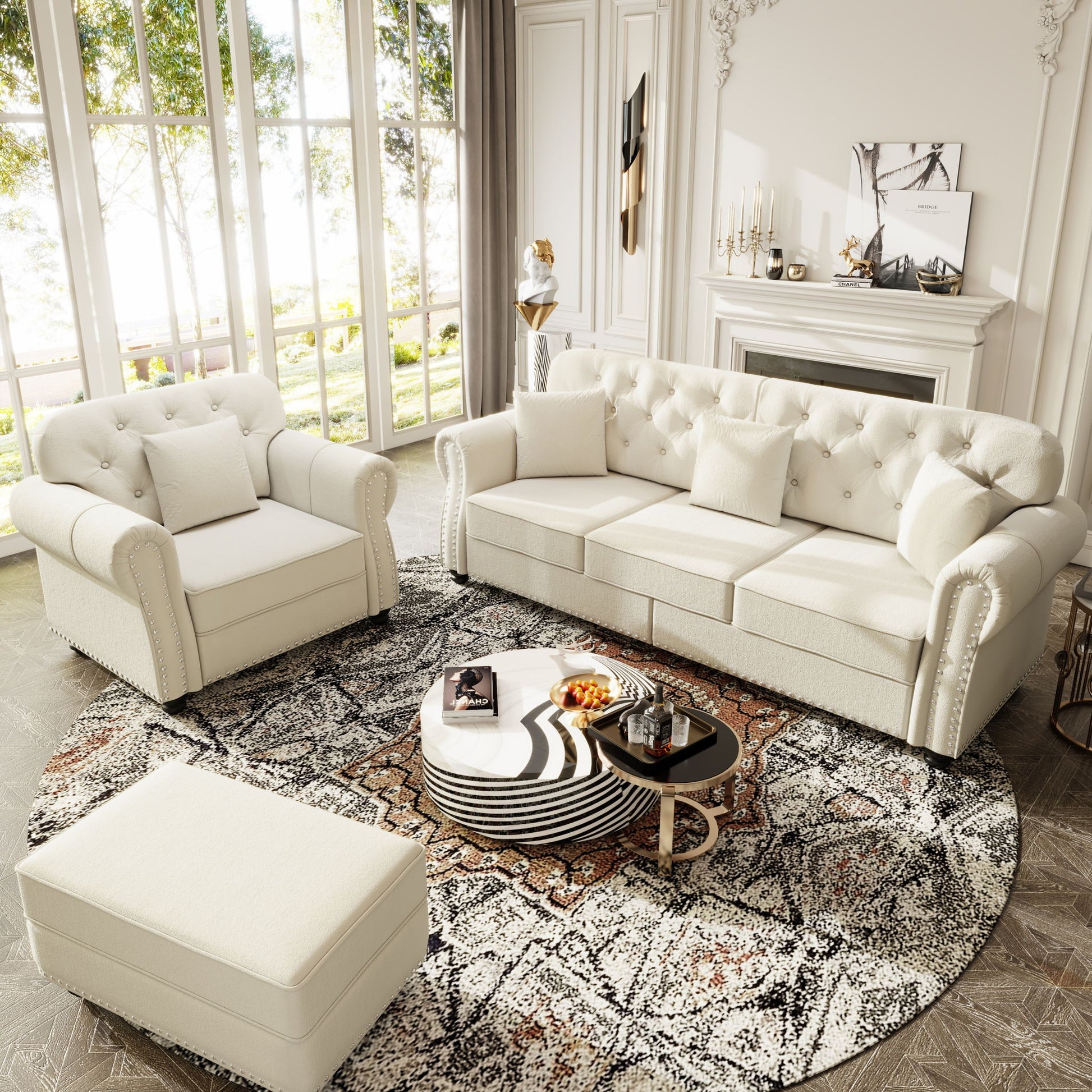 Upholstered Sofa Set With Nailhead Trim And Rolled Armrests, Includes Pillows Home Essentials