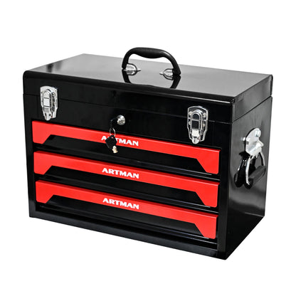 Portable 20" Steel Tool Box With 3 Drawers And Metal Latch Closure - Black / Red Daily Nest