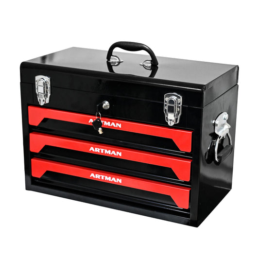 Portable 20" Steel Tool Box With 3 Drawers And Metal Latch Closure - Black / Red Daily Nest