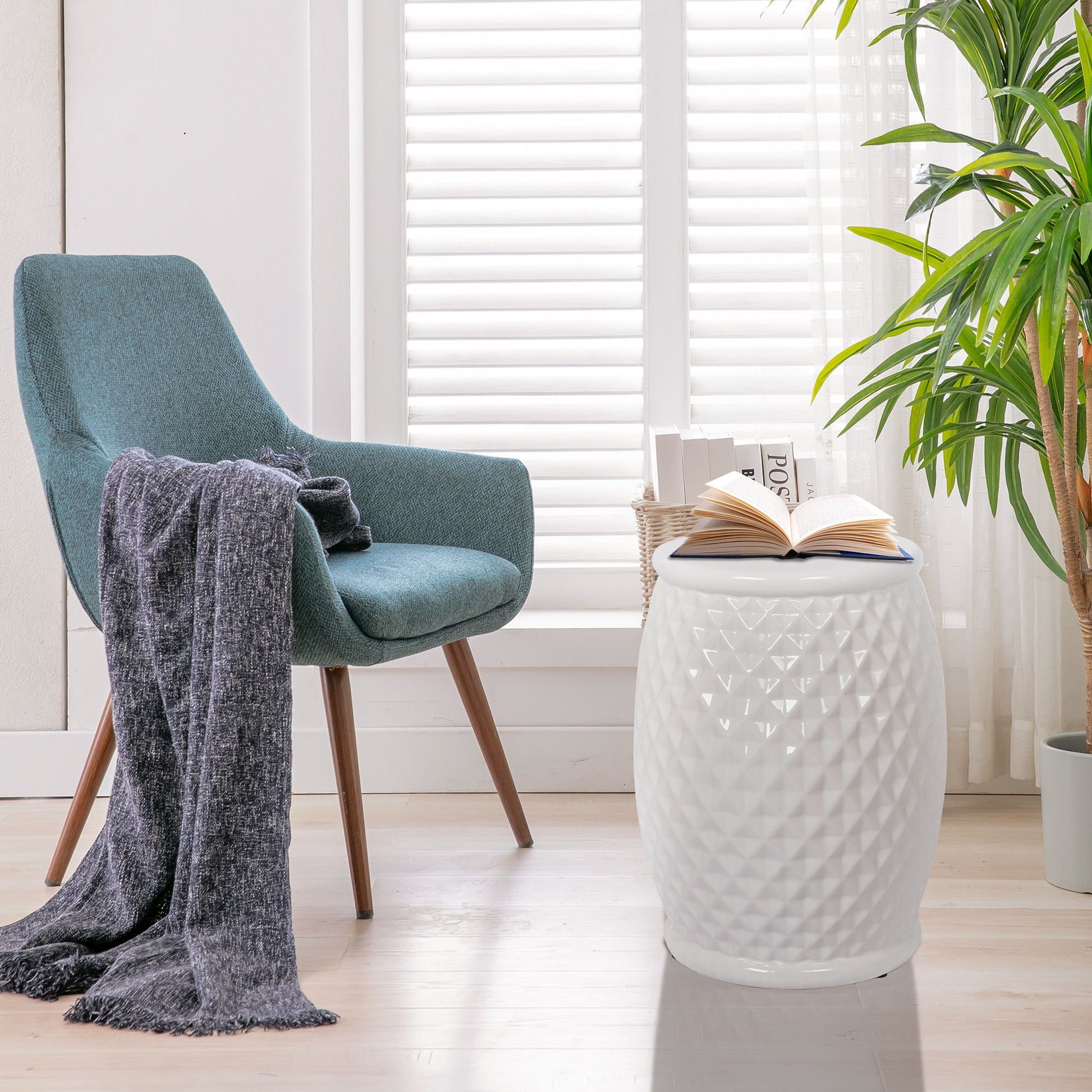 Glazed Ceramic Drum Stool Indoor / Outdoor Side Table Ceramic - White Home Essentials