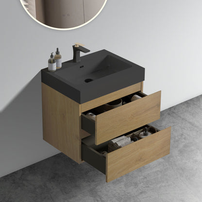 Alice - Natural Oak Bathroom Vanity With Sink, Large Storage Wall Mounted Floating Bathroom Vanity For Modern Bathroom, One-Piece Black Sink Basin Without Drain