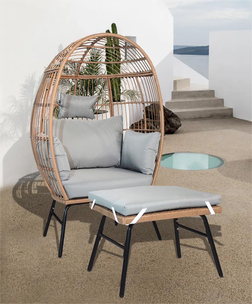 Outdoor Garden Wicker Egg Chair And Footstool Patio Chaise, With Cushions, Outdoor Indoor Basket Chair