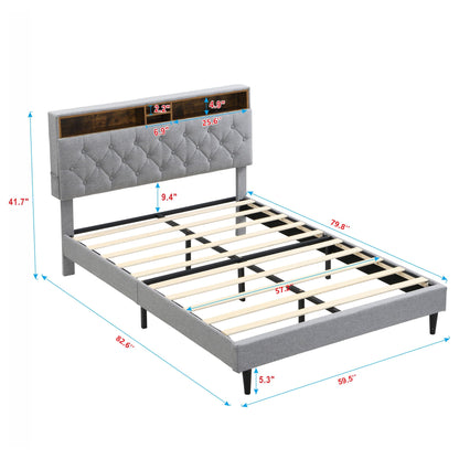 Modern Upholstered Platform Bed Frame With Button Tufted Headboard And USB Ports Home Essentials