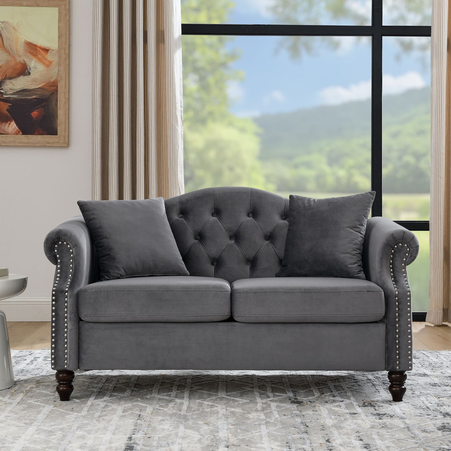 2 Seater Chesterfield Sofa With Rolled Arms And Nailhead Trim For Living Room Home Essentials