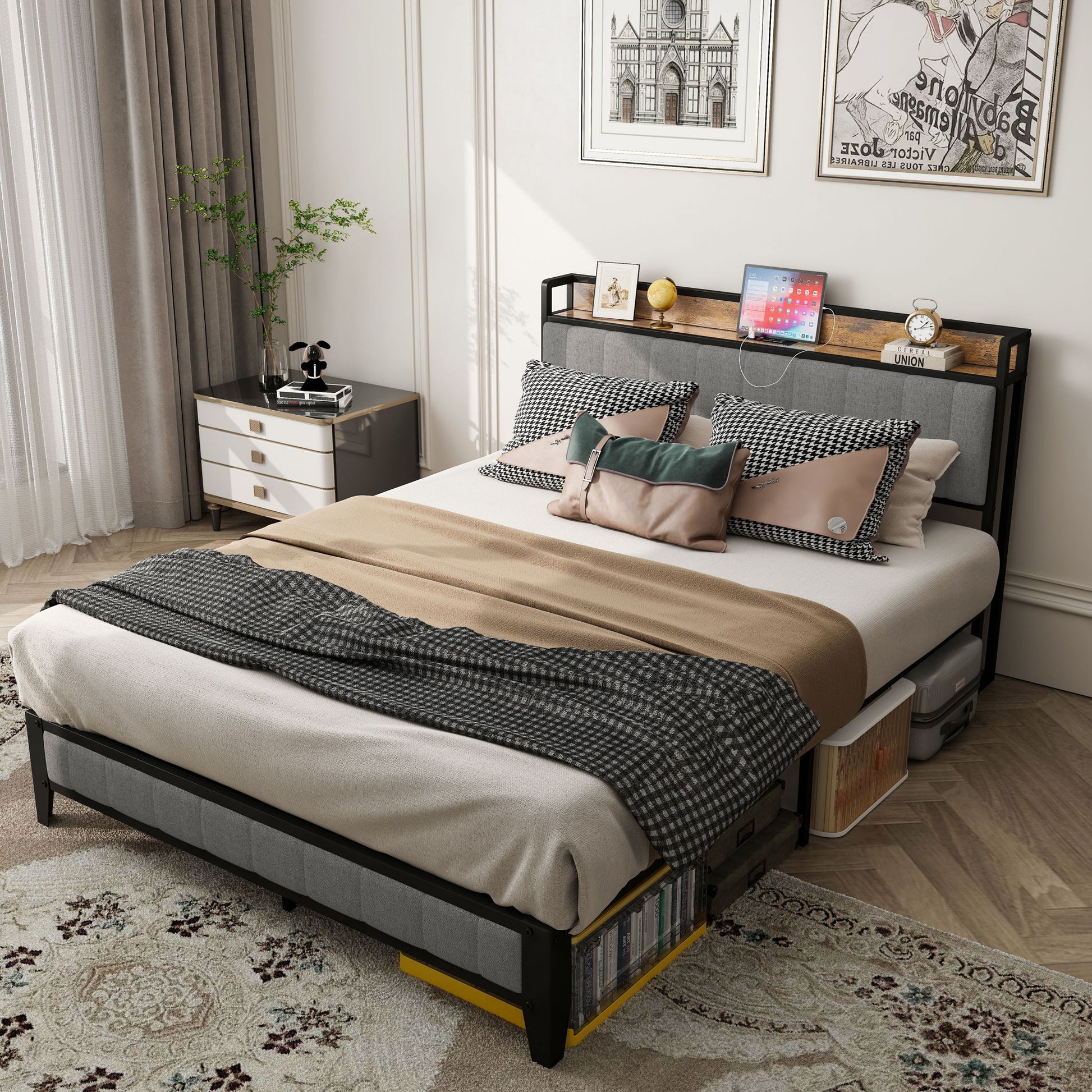 Bed With Charging Station, American Design Upholstered Headboard, Metal Platform Home Essentials
