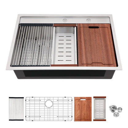 33" Drop In Kitchen Sink With Workstation, 16 Gauge Stainless Steel - Brushed Nickel Daily Nest