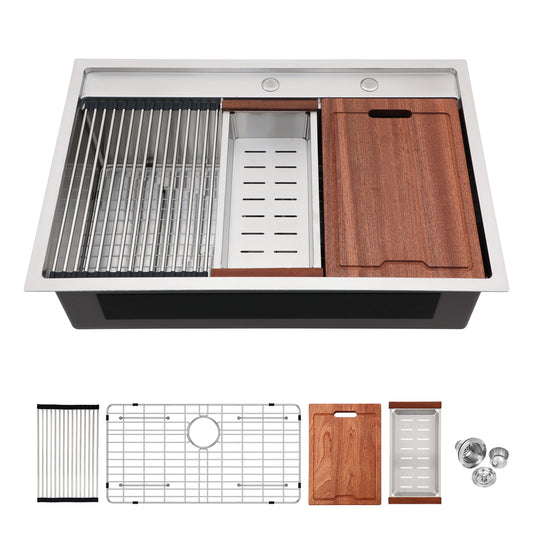 33" Drop In Kitchen Sink With Workstation, 16 Gauge Stainless Steel - Brushed Nickel Daily Nest