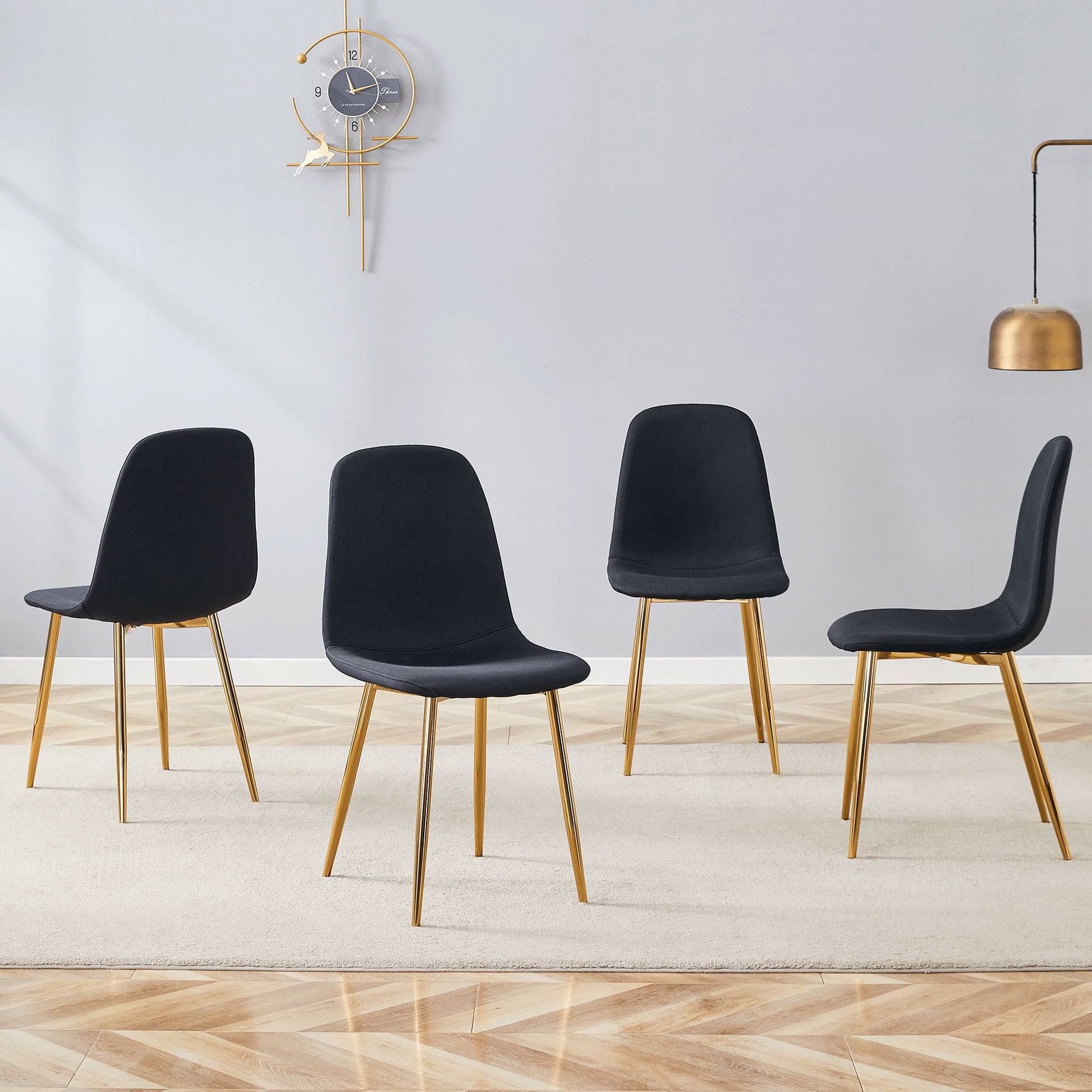 Luxury Simple Chair (Set of 4) Linen Cotton High Resilience Dining Chair With Metal en Legs - Black / Gold Home Essentials