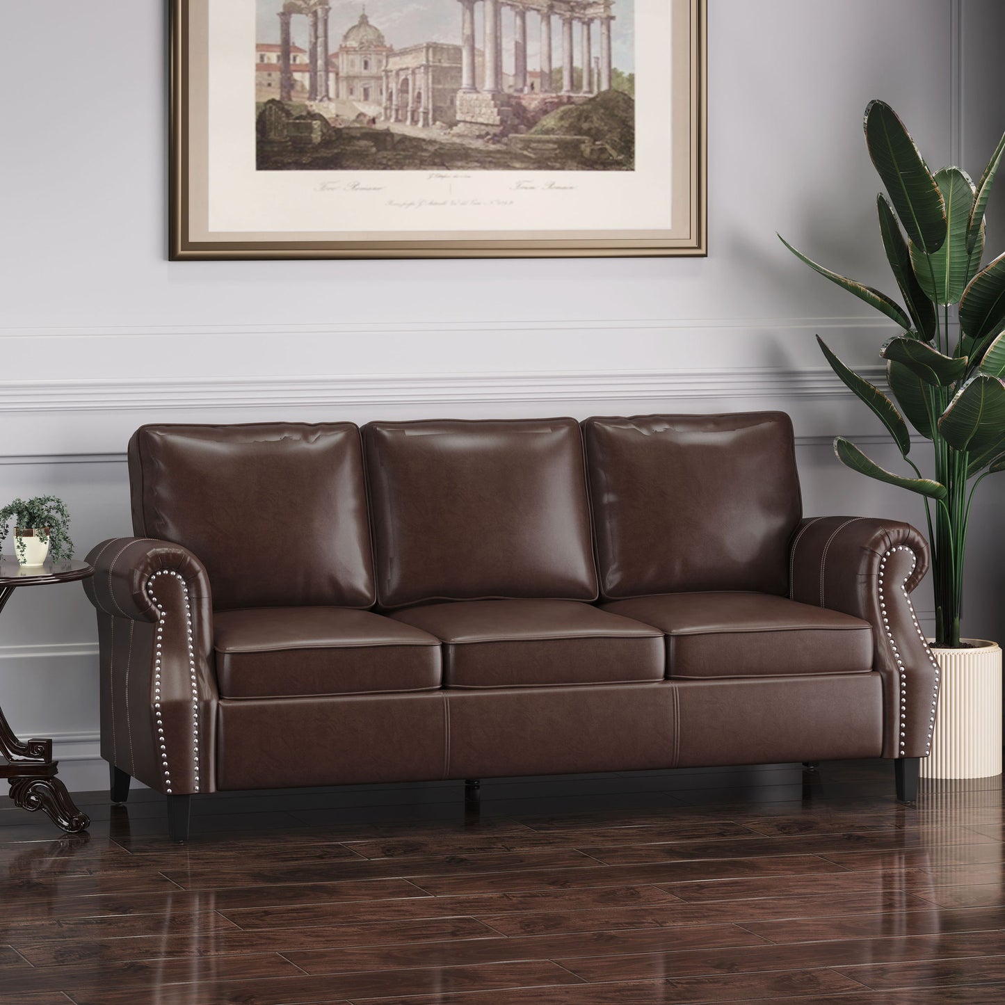 Contemporary 3 Seater Sofa With Nailhead Trim Noble House