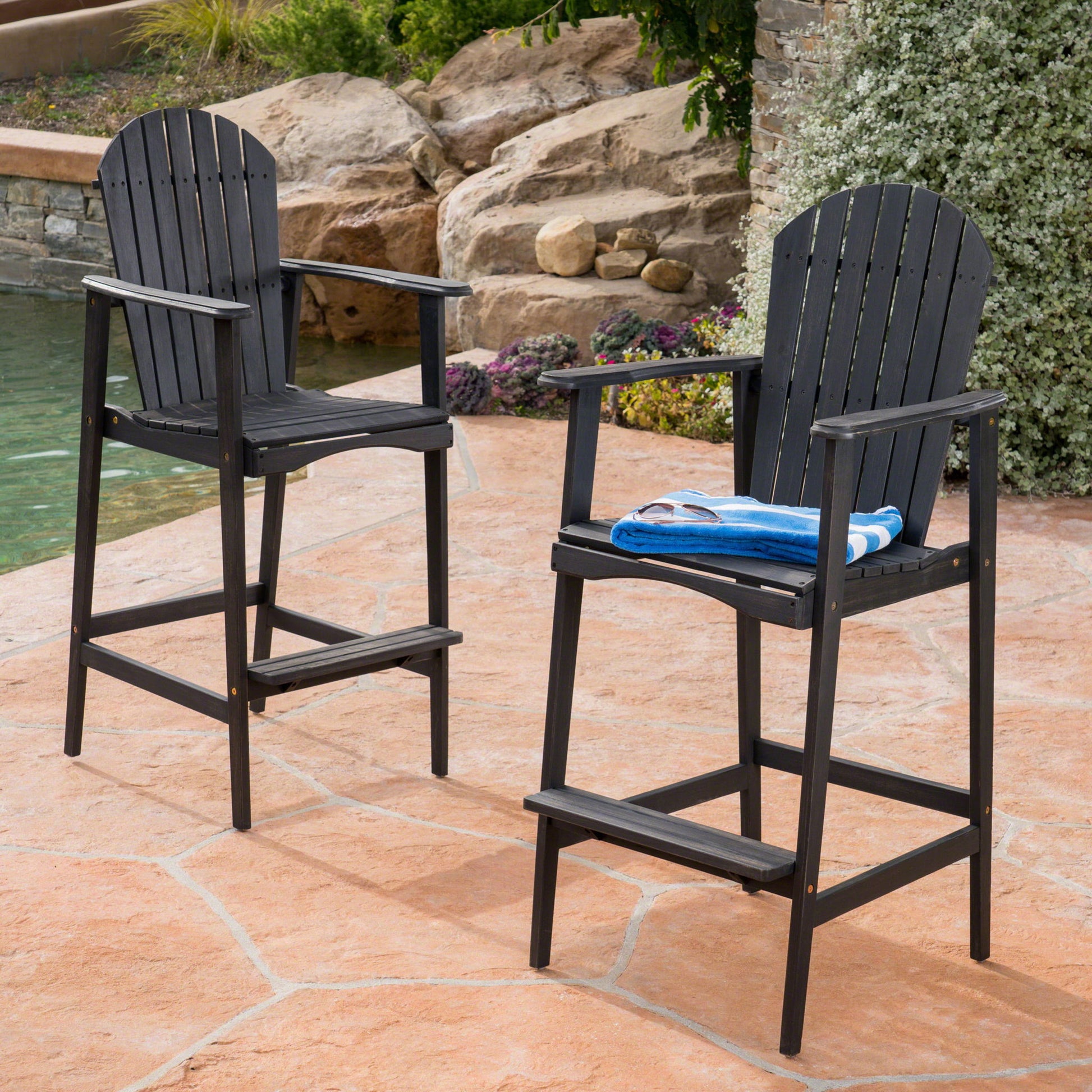 Outdoor Acacia Wood Adirondack Barstools (Set of 2) Noble House