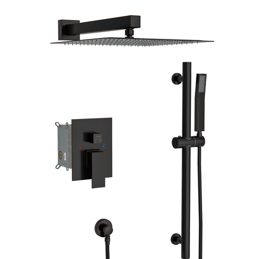 Wall Mounted Square Shower System With Adjustable Slide Bar, 12" Rainfall Shower Head - Oil-Rubbed Bronze Daily Nest