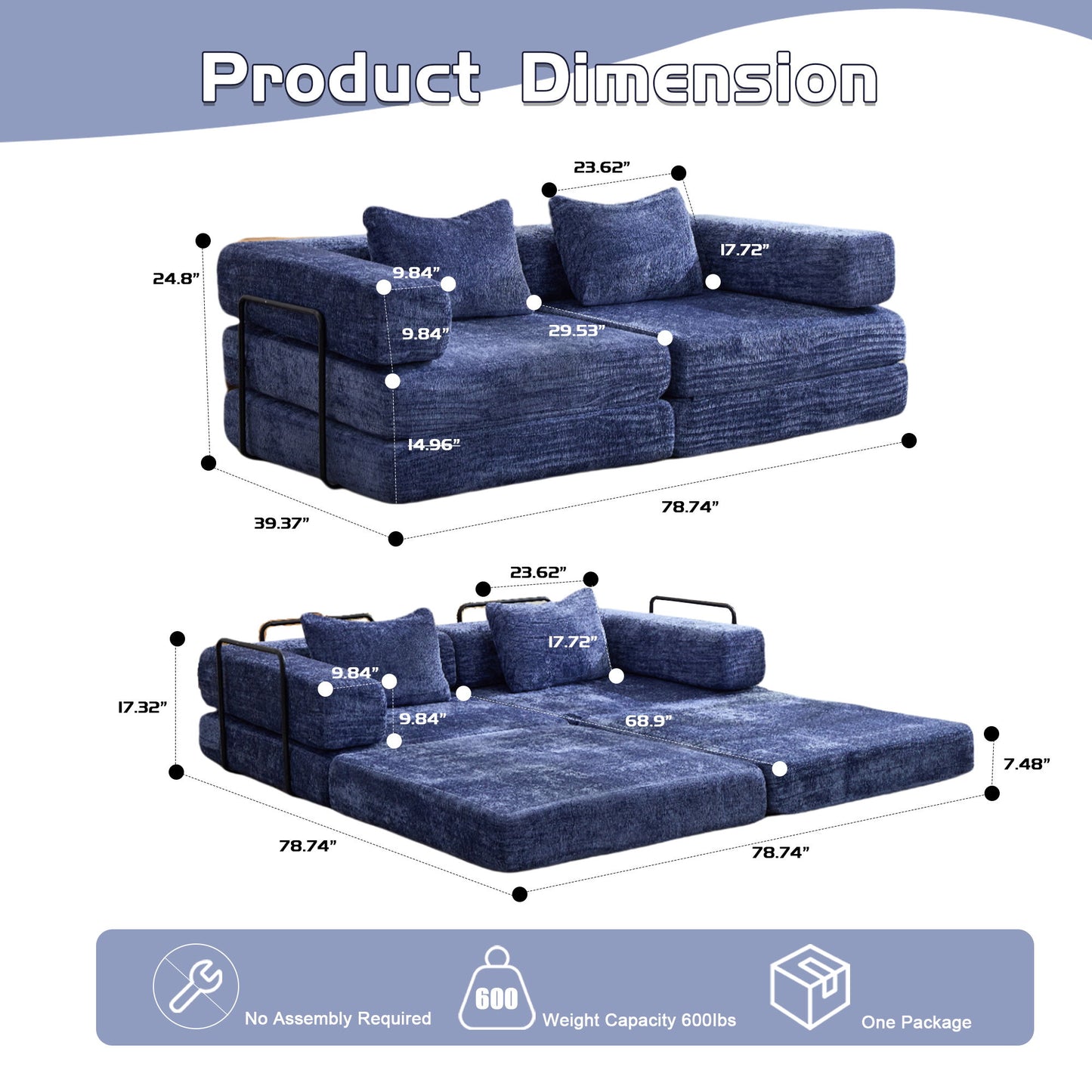 Convertible Floor Sofa Bed With Pillow Back Support Armrest Home Essentials