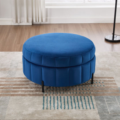 Upholstered Round Ottoman With Reversible Lid, Channel Tufted Pumpkin Shape Home Essentials